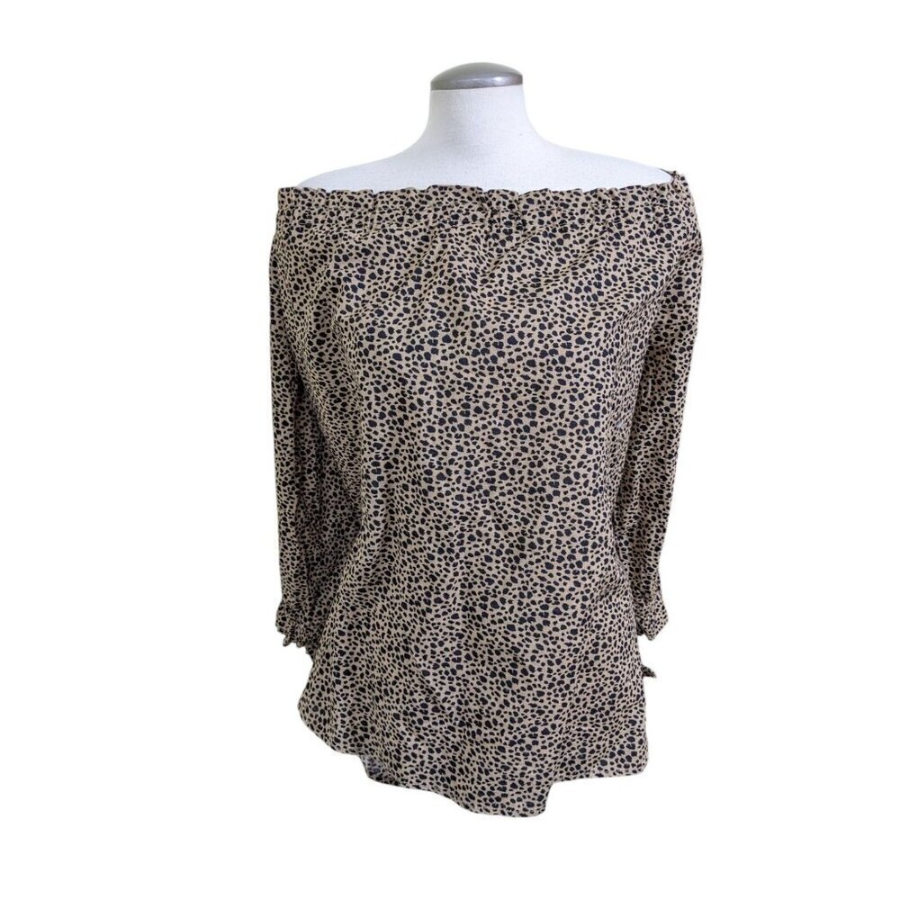 Womens Plus Size 3X Linen Blend Off Shoulder Leopard Top 3/4 Sleeves Tan Black